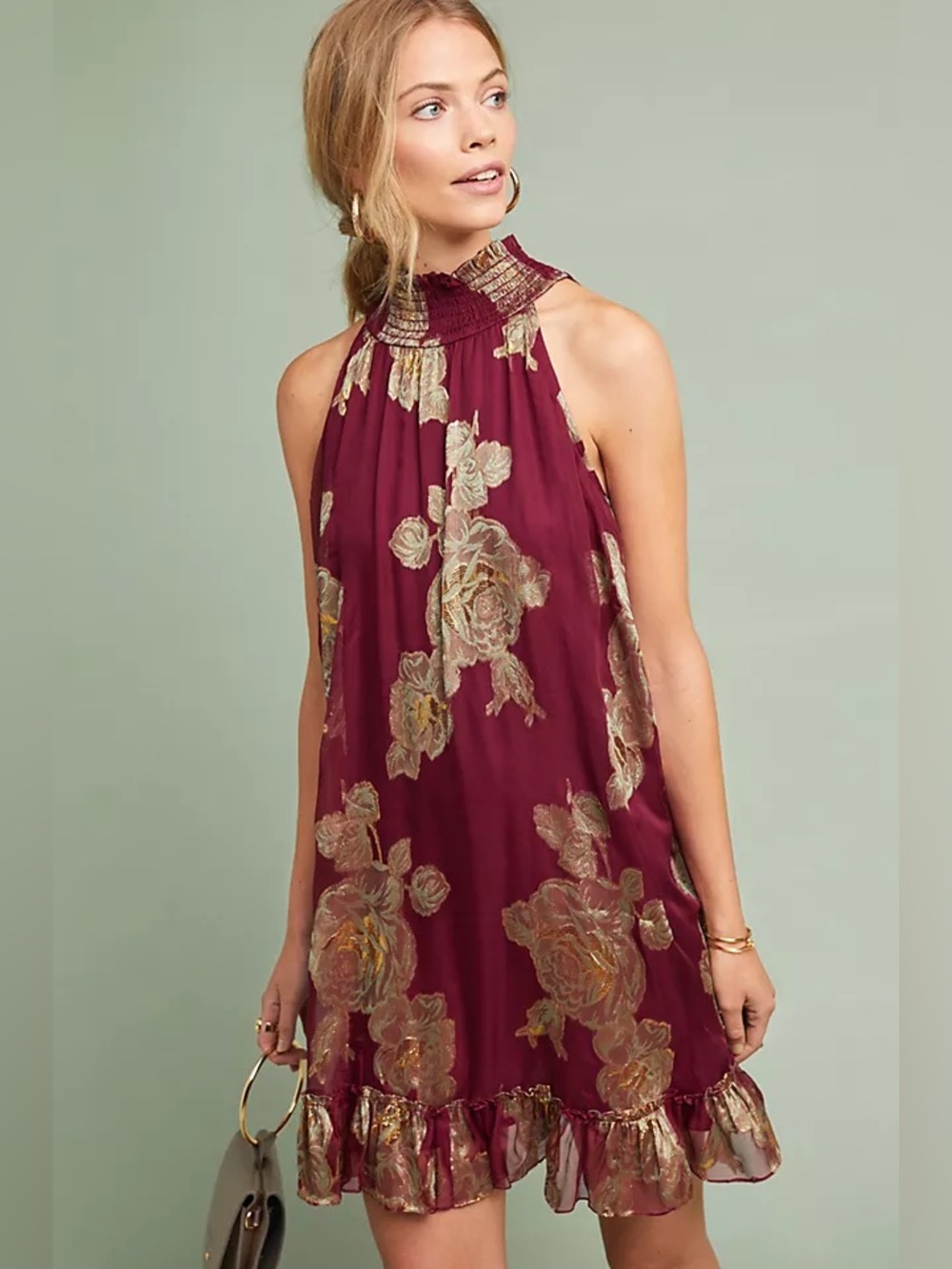 Hemant & Nandita NWT Wine Metallic Floral Mini Dress Petite 2 Ruffle Neck Anthro